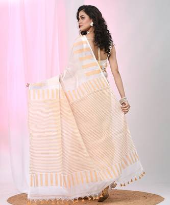 Elegant white and beige striped cotton handspun saree with pom pom border 3