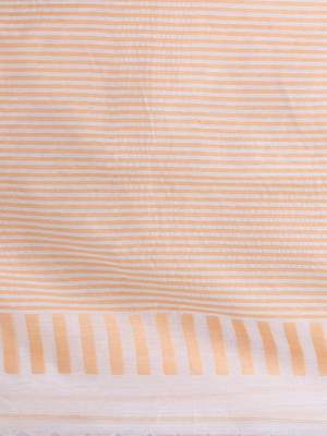 Elegant white and beige striped cotton handspun saree with pom pom border 4