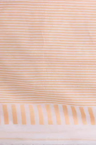 Elegant white and beige striped cotton handspun saree with pom pom border