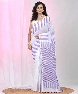 Elegant white and violet striped cotton handspun saree with pom pom border 1
