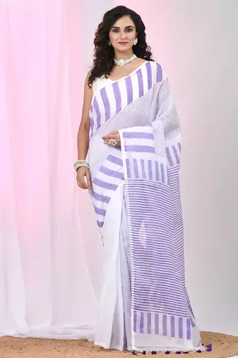 Elegant white and violet striped cotton handspun saree with pom pom border