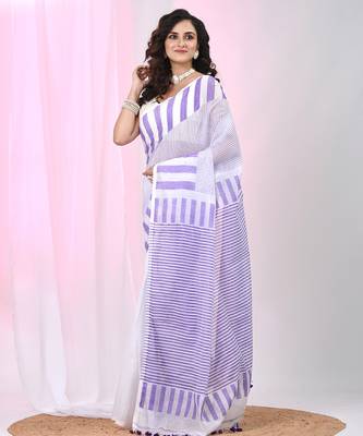 Elegant white and violet striped cotton handspun saree with pom pom border 2