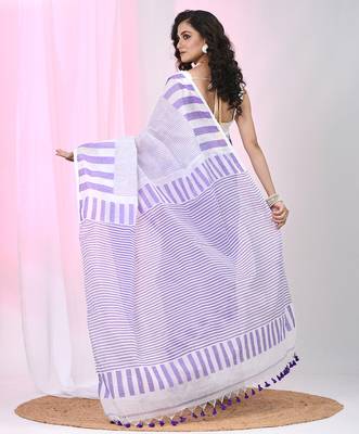Elegant white and violet striped cotton handspun saree with pom pom border 3