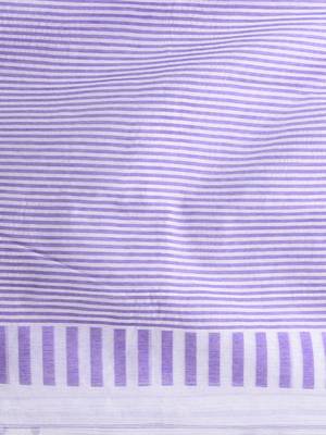 Elegant white and violet striped cotton handspun saree with pom pom border 4