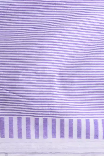 Elegant white and violet striped cotton handspun saree with pom pom border