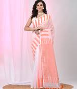 Elegant white and orange striped cotton handspun saree with pom pom border