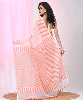Elegant white and orange striped cotton handspun saree with pom pom border 3