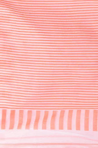 Elegant white and orange striped cotton handspun saree with pom pom border