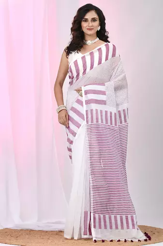 Elegant white and purple striped cotton handspun saree with pom pom border