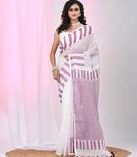 Elegant white and purple striped cotton handspun saree with pom pom border