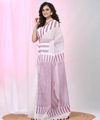 Elegant white and purple striped cotton handspun saree with pom pom border 2
