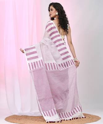 Elegant white and purple striped cotton handspun saree with pom pom border 3
