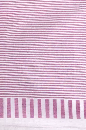 Elegant white and purple striped cotton handspun saree with pom pom border