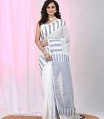 Elegant white and grey striped cotton handspun saree with pom pom border