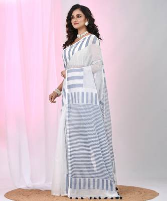 Elegant white and grey striped cotton handspun saree with pom pom border 2