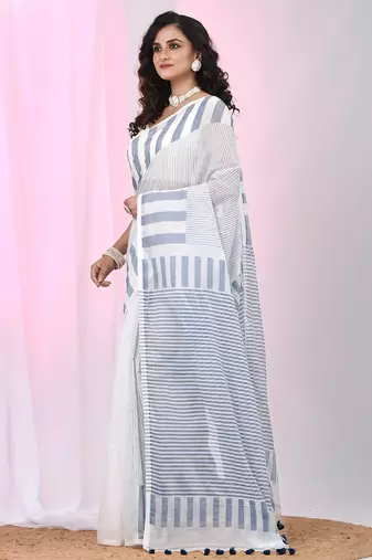 Elegant white and grey striped cotton handspun saree with pom pom border