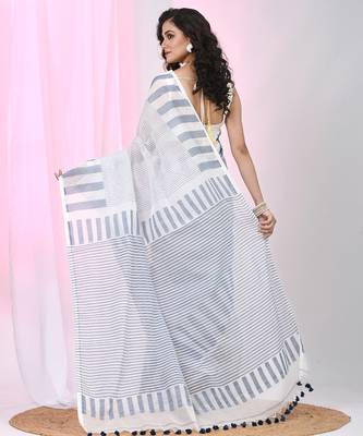 Elegant white and grey striped cotton handspun saree with pom pom border 3