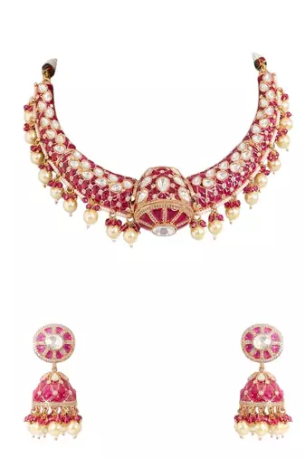 Gold plated pink stone choker necklace set