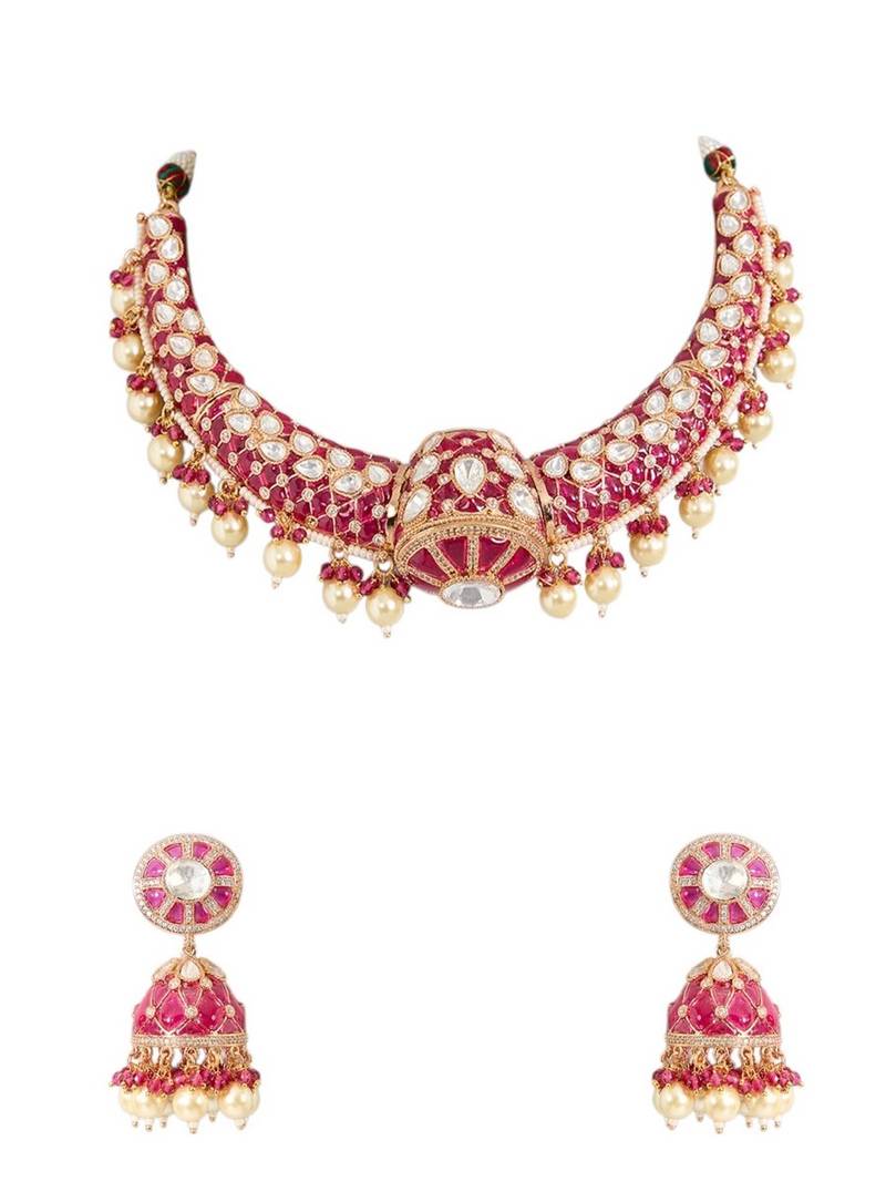 Gold plated pink stone choker necklace set