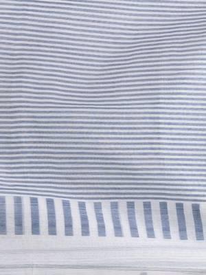 Elegant white and grey striped cotton handspun saree with pom pom border 4