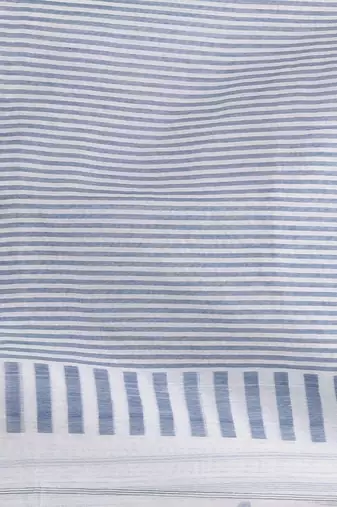 Elegant white and grey striped cotton handspun saree with pom pom border