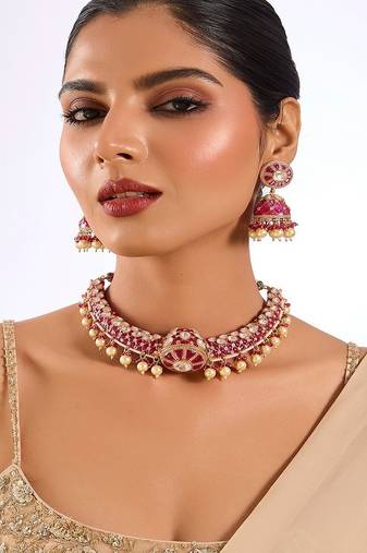 Gold plated pink stone choker necklace set