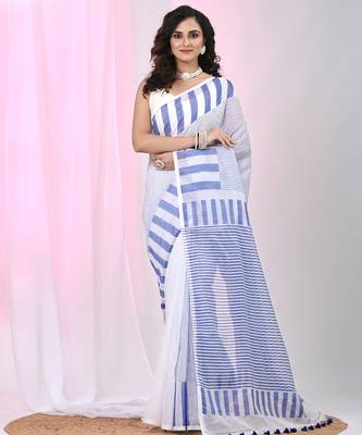 Elegant white and blue striped cotton handspun saree with pom pom border 1