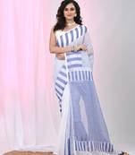 Elegant white and blue striped cotton handspun saree with pom pom border