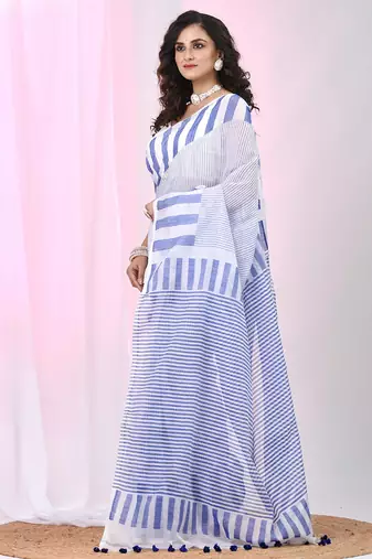 Elegant white and blue striped cotton handspun saree with pom pom border