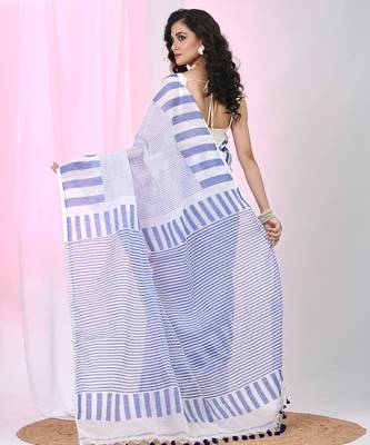 Elegant white and blue striped cotton handspun saree with pom pom border 3