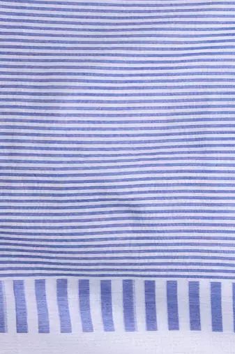 Elegant white and blue striped cotton handspun saree with pom pom border
