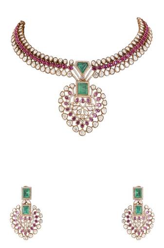 Gold plated pink stone choker necklace set