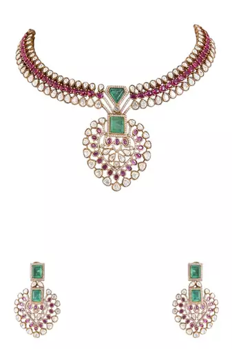 Gold plated pink stone choker necklace set