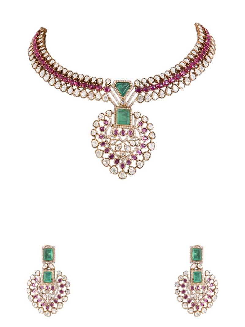 Gold plated pink stone choker necklace set