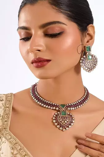 Gold plated pink stone necklace set