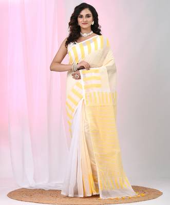 Elegant white and yellow striped cotton handspun saree with pom pom border 1