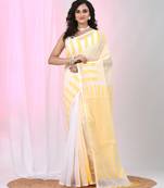 Elegant white and yellow striped cotton handspun saree with pom pom border