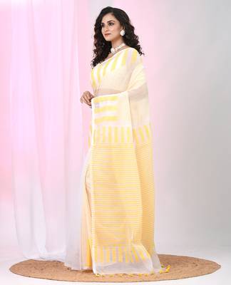 Elegant white and yellow striped cotton handspun saree with pom pom border 2