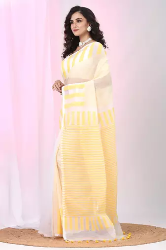 Elegant white and yellow striped cotton handspun saree with pom pom border