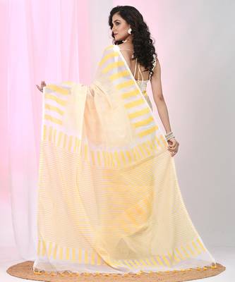 Elegant white and yellow striped cotton handspun saree with pom pom border 3
