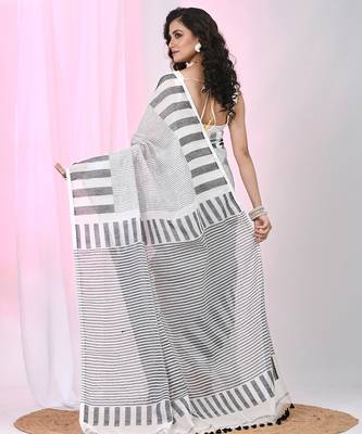Elegant white and black striped cotton handspun saree with pom pom border 3