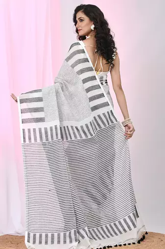 Elegant white and black striped cotton handspun saree with pom pom border