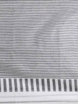 Elegant white and black striped cotton handspun saree with pom pom border 4