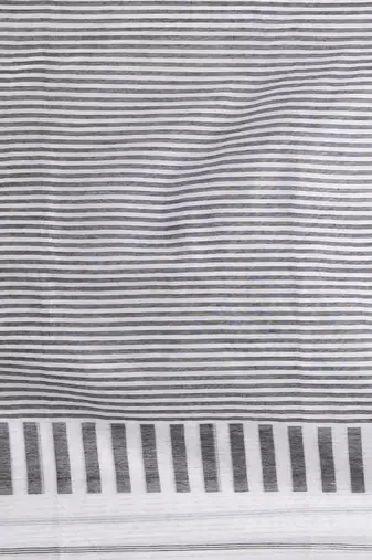 Elegant white and black striped cotton handspun saree with pom pom border