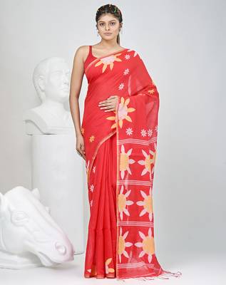 Red handspun cotton saree with floral woven design 1