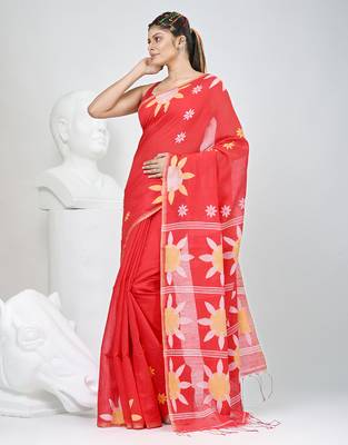 Red handspun cotton saree with floral woven design 2