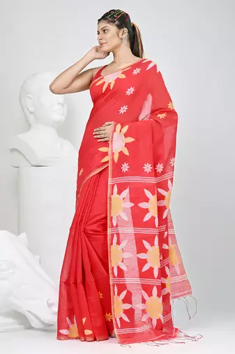 Red handspun cotton saree with floral woven design