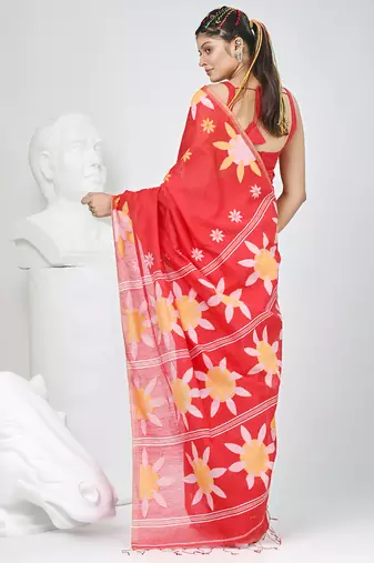 Red handspun cotton saree with floral woven design