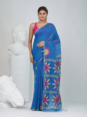 Blue handspun cotton saree with floral woven design 1