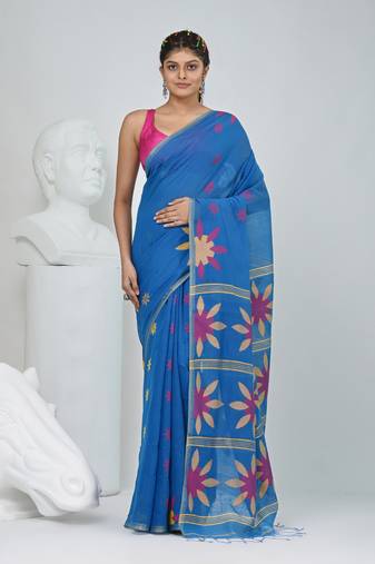 Blue handspun cotton saree with floral woven design